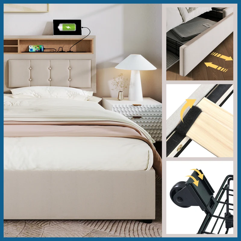 Lit double lin beige avec 4 tiroirs, rangement tête de lit et réglable, ports USB-C INFINITEQUAZX