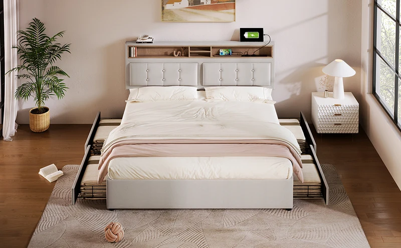 Lit double lin beige avec 4 tiroirs, rangement tête de lit et réglable, ports USB-C INFINITEQUAZX