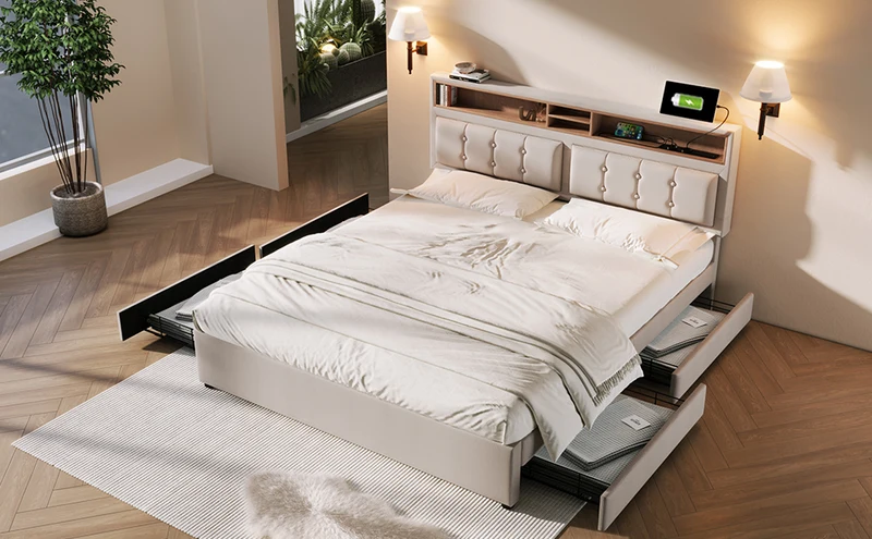 Lit double lin beige avec 4 tiroirs, rangement tête de lit et réglable, ports USB-C INFINITEQUAZX