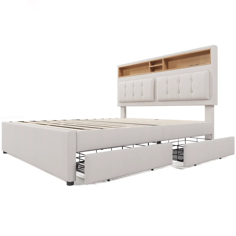 Lit double lin beige avec 4 tiroirs, rangement tête de lit et réglable, ports USB-C INFINITEQUAZX