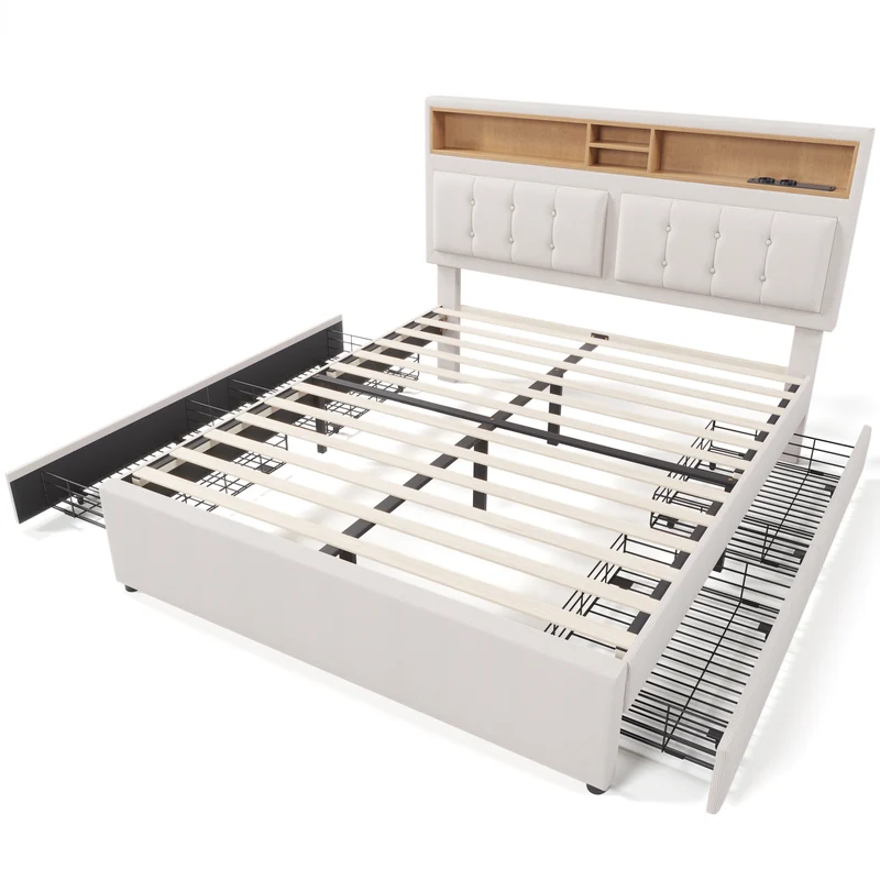 Lit double lin beige avec 4 tiroirs, rangement tête de lit et réglable, ports USB-C INFINITEQUAZX