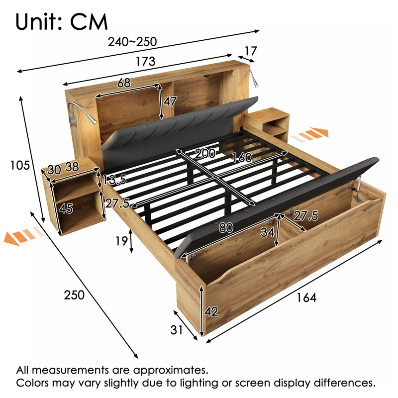Lit queen effet bois chêne, tête de lit rabattable, 2 tables de chevet, banc-coffre, 160x200cm FLAREORR