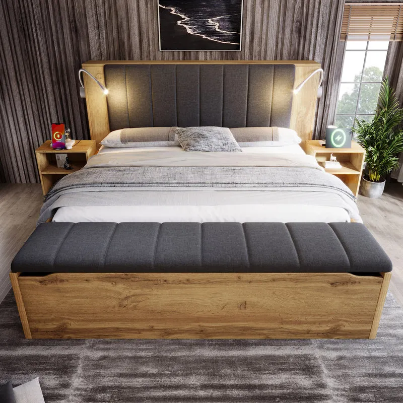 Lit queen effet bois chêne, tête de lit rabattable, 2 tables de chevet, banc-coffre, 160x200cm FLAREORR
