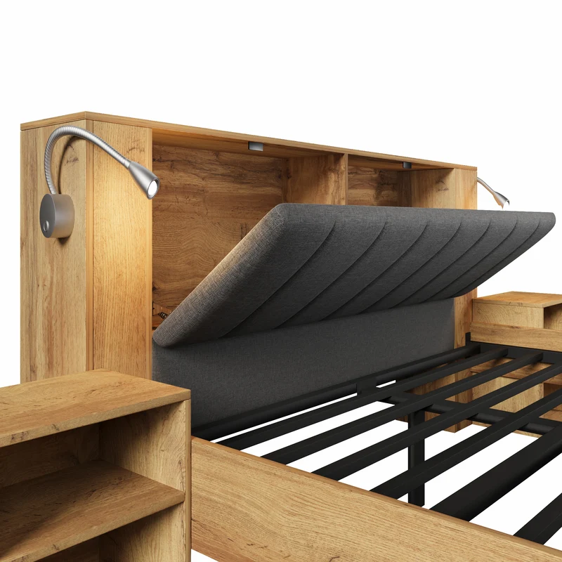 Lit queen effet bois chêne, tête de lit rabattable, 2 tables de chevet, banc-coffre, 160x200cm FLAREORR