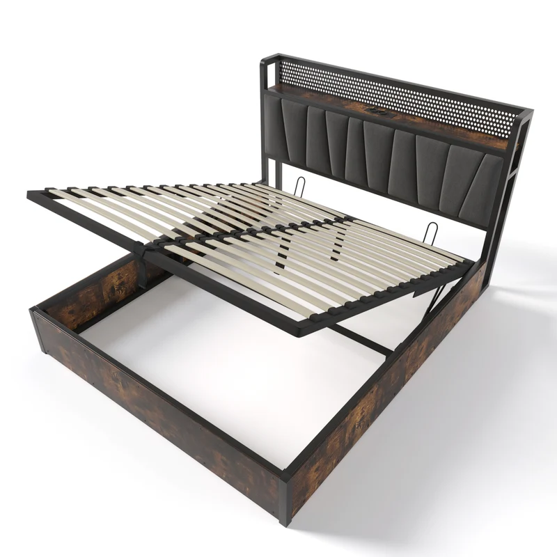 Lit coffre lit double tissu gris avec éclairage LED et prise USB, rangement effet bois (sans matelas) 140x200cm CRON