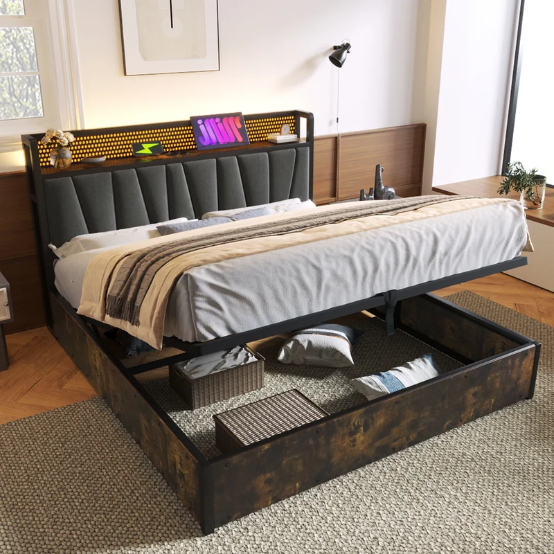 Lit coffre lit double tissu gris avec éclairage LED et prise USB, rangement effet bois (sans matelas) 140x200cm CRON