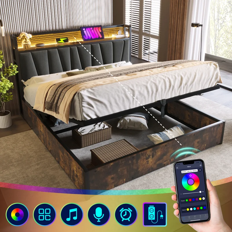 Lit coffre lit double tissu gris avec éclairage LED et prise USB, rangement effet bois (sans matelas) 140x200cm CRON