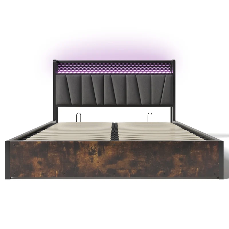 Lit coffre lit double tissu gris avec éclairage LED et prise USB, rangement effet bois (sans matelas) 140x200cm CRON