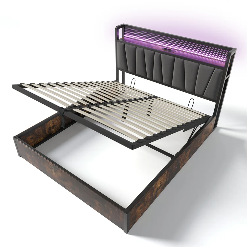 Lit coffre lit double tissu gris avec éclairage LED et prise USB, rangement effet bois (sans matelas) 140x200cm CRON