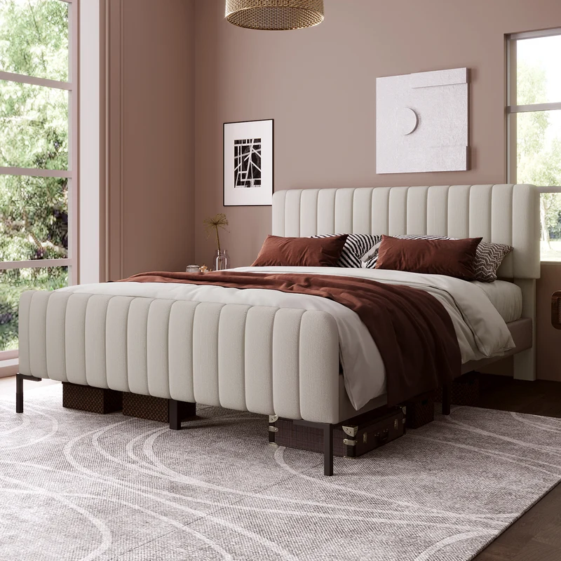 Lit rembourré en lin gris-beige cadre lit double King 160x200cm EGMOID KING