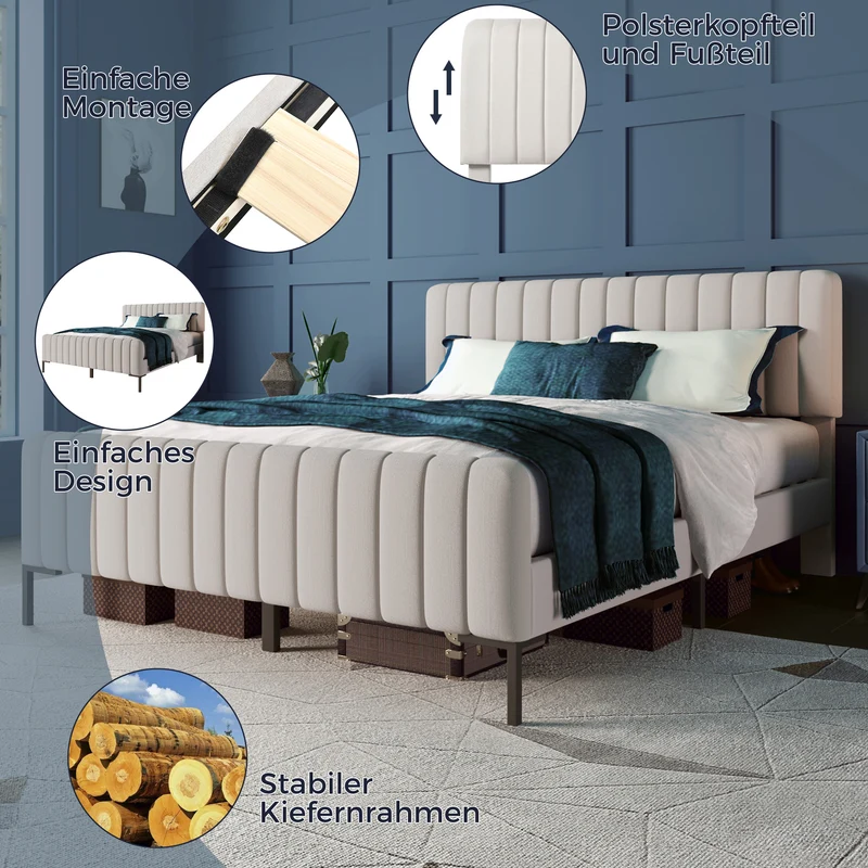 Lit rembourré en lin gris-beige cadre lit double King 160x200cm EGMOID KING