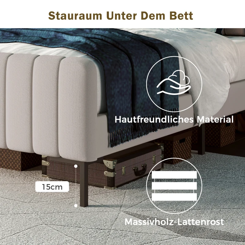 Lit rembourré en lin gris-beige cadre lit double King 160x200cm EGMOID KING