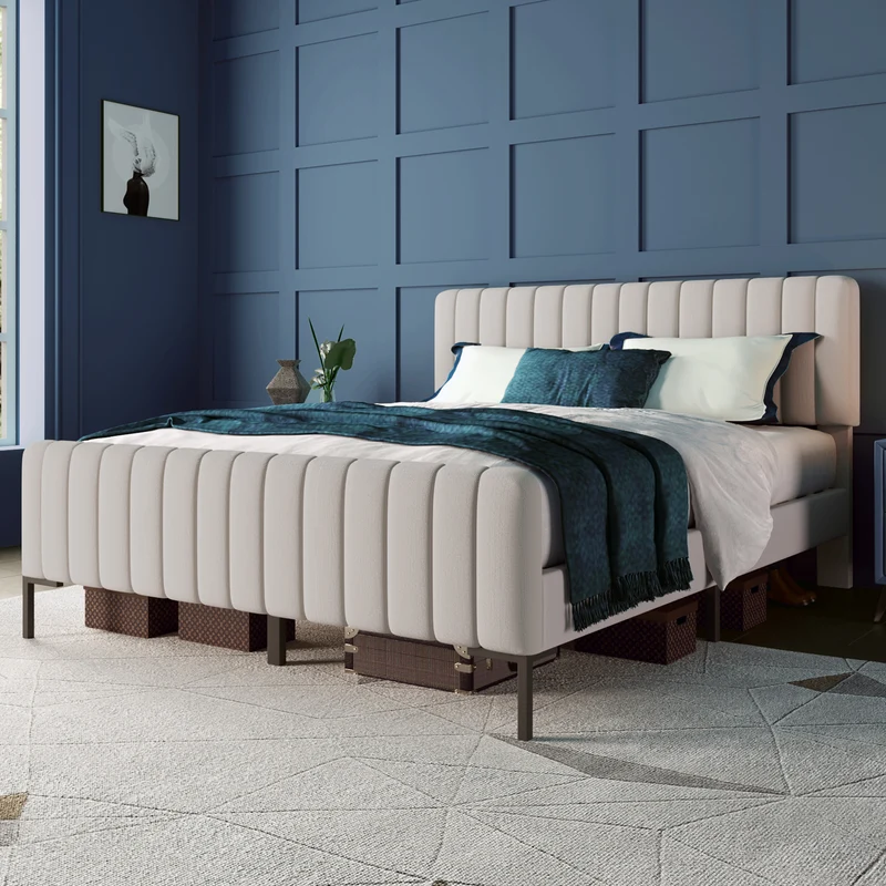 Lit rembourré en lin gris-beige cadre lit double King 140x200cm EGMOID QUEEN
