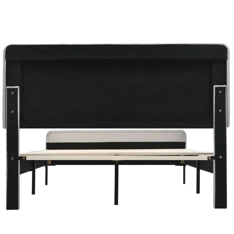 Lit rembourré en lin gris-beige cadre lit double King 140x200cm EGMOID QUEEN