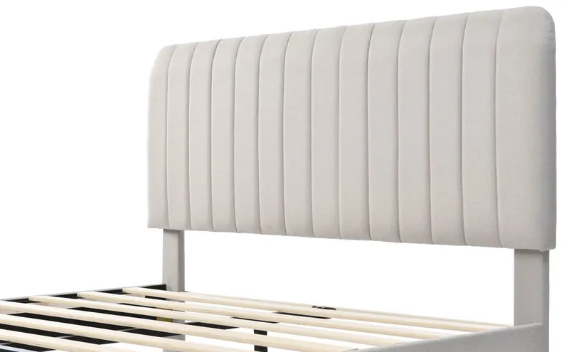 Lit rembourré en lin gris-beige cadre lit double King 140x200cm EGMOID QUEEN