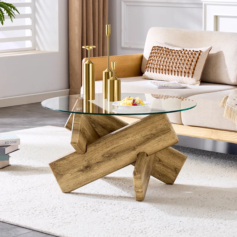 Table basse ronde effet bois en verre trempé pieds croisés 79*79cm NEXUS