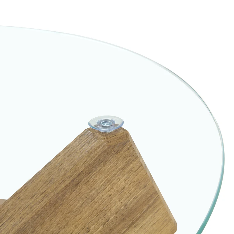 Table basse ronde effet bois en verre trempé pieds croisés 79*79cm NEXUS
