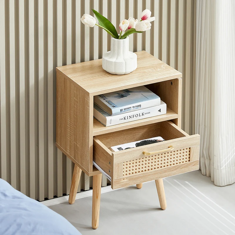 Table de chevet en rotin avec tiroir, pieds en bois massif 40x30x55cm TRAVERSEIA