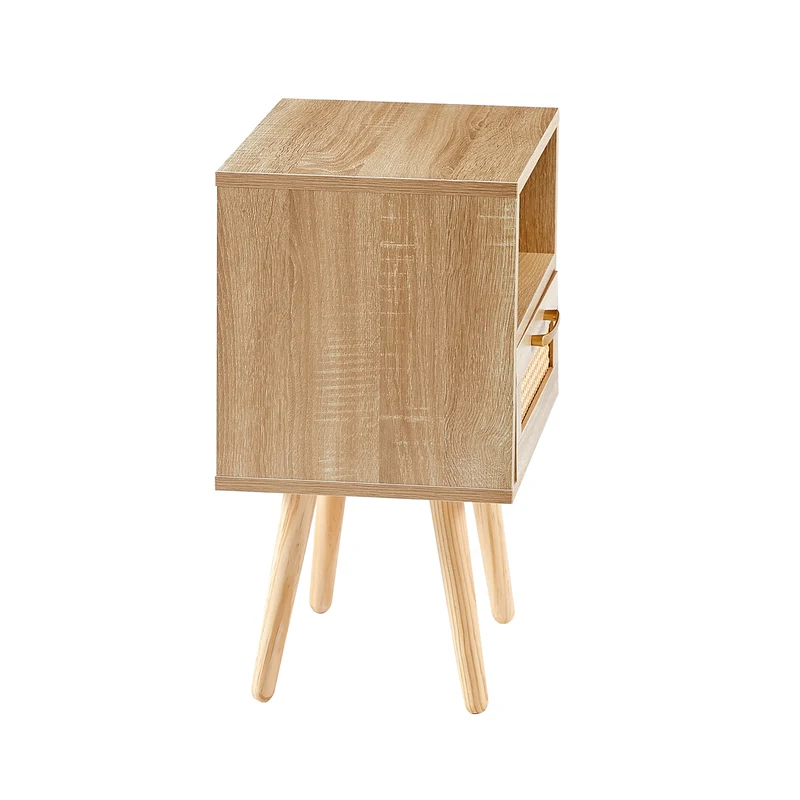 Table de chevet en rotin avec tiroir, pieds en bois massif 40x30x55cm TRAVERSEIA