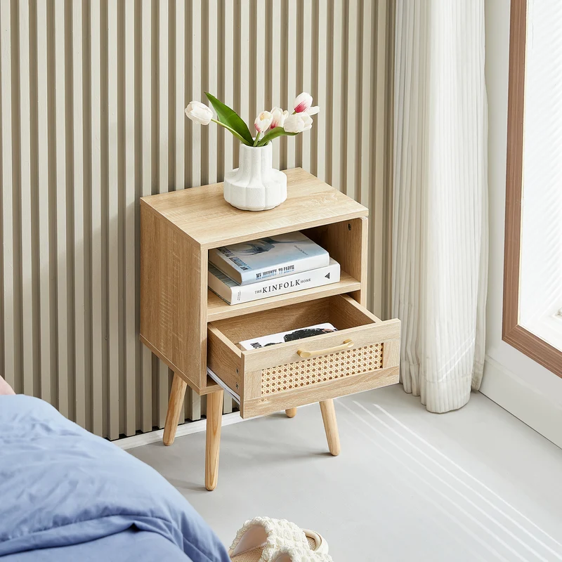 Table de chevet en rotin avec tiroir, pieds en bois massif 40x30x55cm TRAVERSEIA