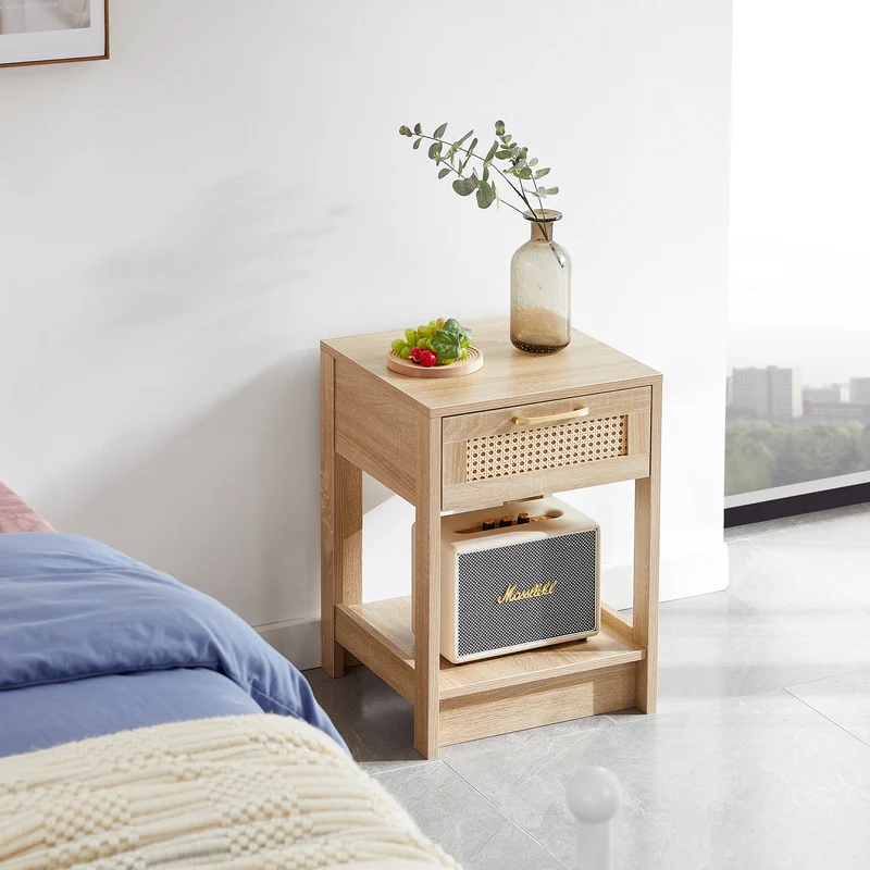 Table de chevet effet bois en rotin moderne avec tiroir 40x40x55 cm LYRICINE
