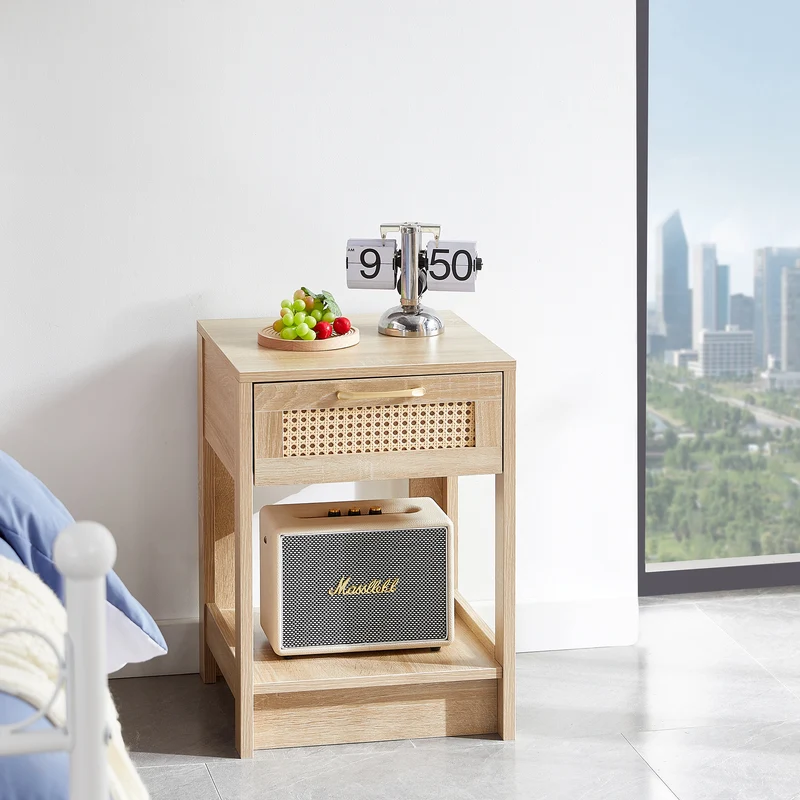 Table de chevet effet bois en rotin moderne avec tiroir 40x40x55 cm LYRICINE