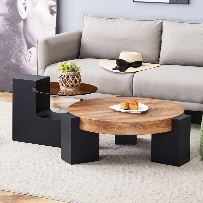 Table basse ronde moderne 2 niveaux effet bois et verre brun transparent, démontable CRESTLA