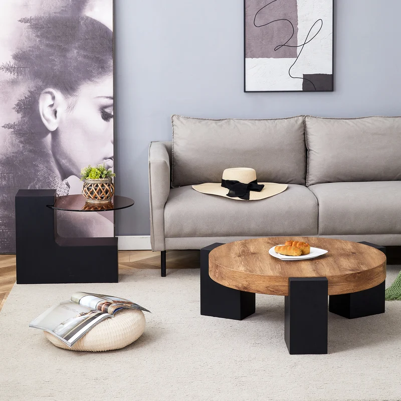 Table basse ronde moderne 2 niveaux effet bois et verre brun transparent, démontable CRESTLA