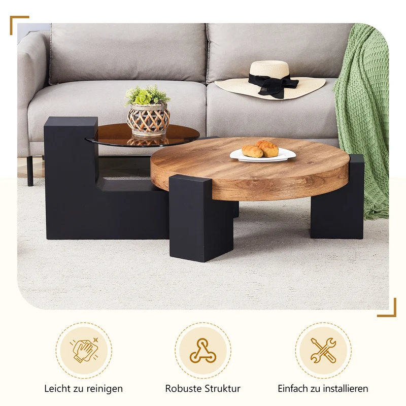 Table basse ronde moderne 2 niveaux effet bois et verre brun transparent, démontable CRESTLA