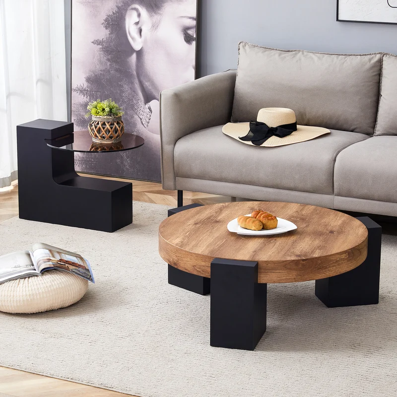 Table basse ronde moderne 2 niveaux effet bois et verre brun transparent, démontable CRESTLA