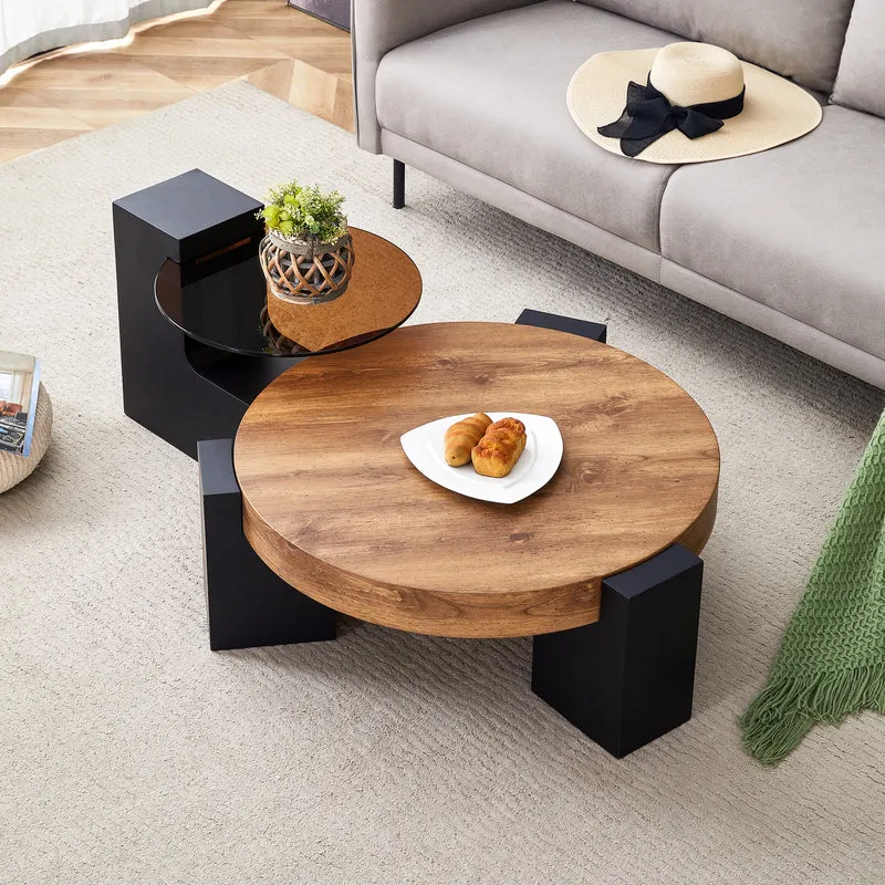 Table basse ronde moderne 2 niveaux effet bois et verre brun transparent, démontable CRESTLA