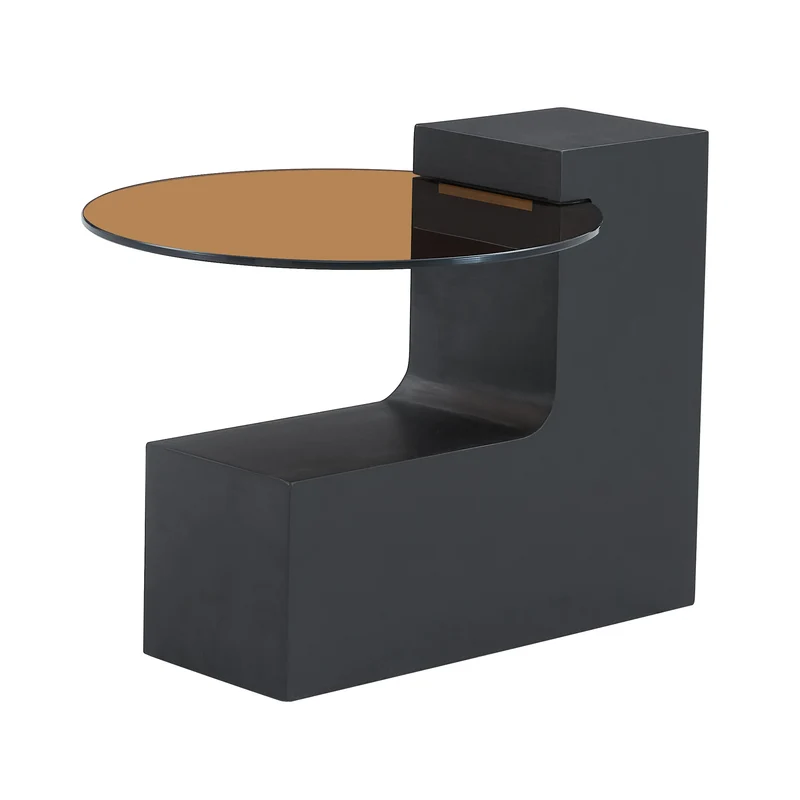 Table basse ronde moderne 2 niveaux effet bois et verre brun transparent, démontable CRESTLA