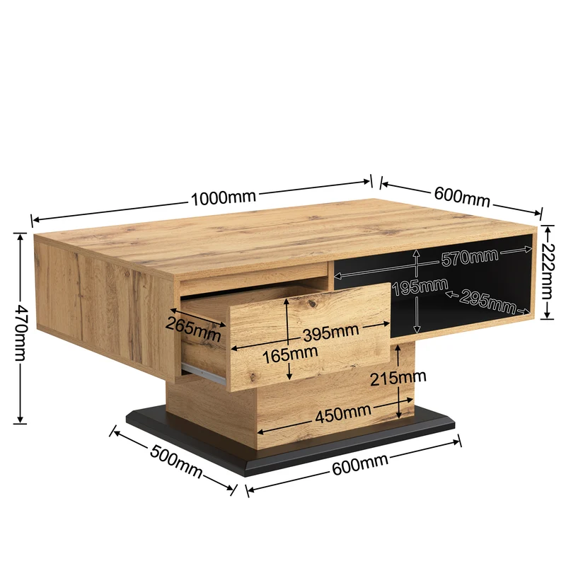 Table basse grain de bois avec rangement double face et tiroir 100x47x60 EINPHATH
