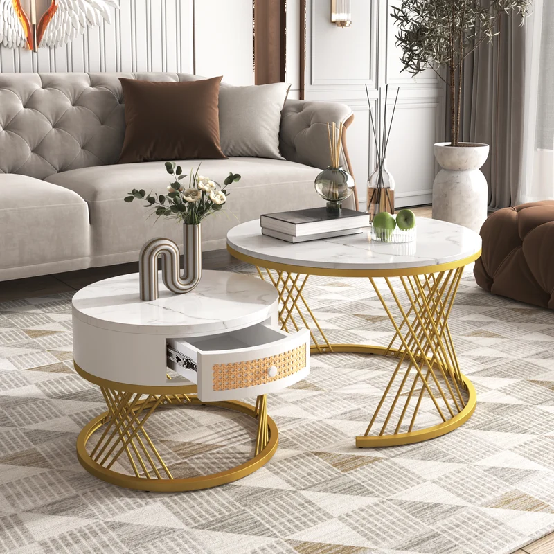 Ensemble de 2 tables basses gigognes rondes effet marbre blanc et rotin EGNIERS WHITE
