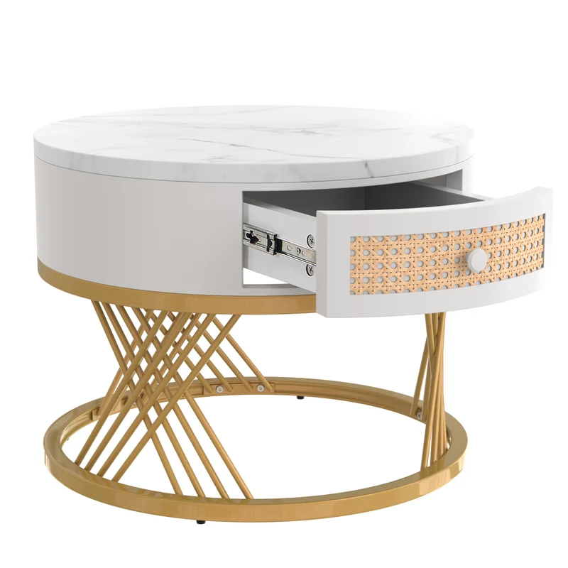 Ensemble de 2 tables basses gigognes rondes effet marbre blanc et rotin EGNIERS WHITE