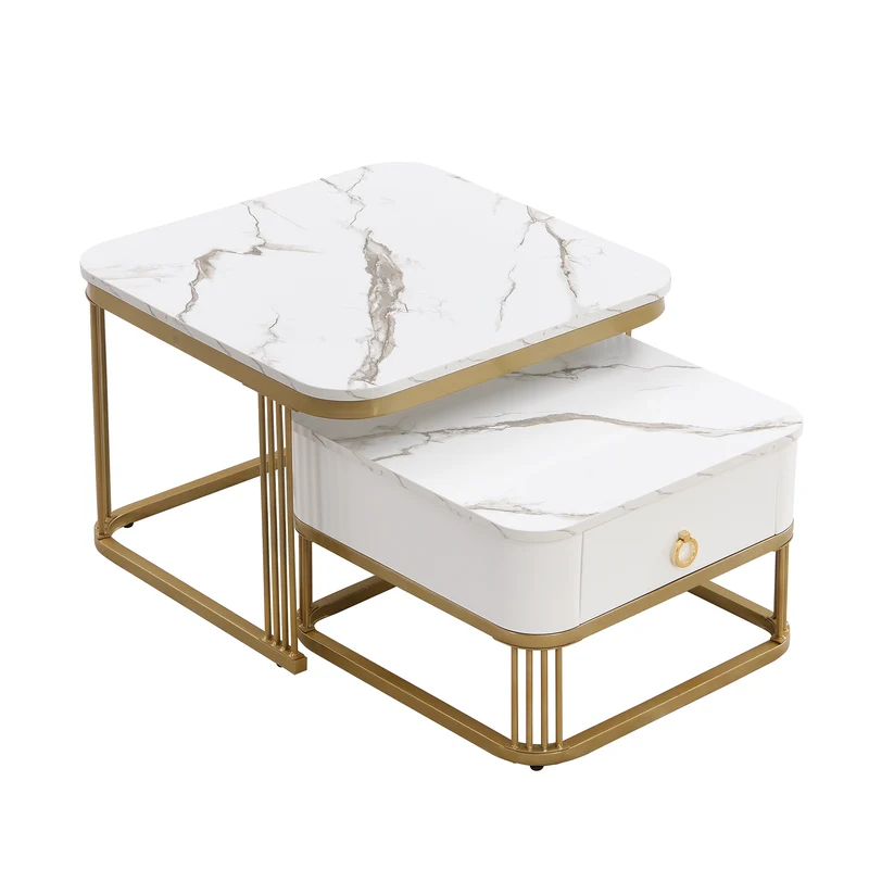 Ensemble de 2 tables basses gigognes carrées effet marbre blanc avec tiroir pieds dorés SHUGOK WHITE