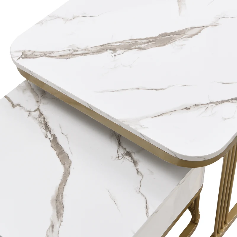 Ensemble de 2 tables basses gigognes carrées effet marbre blanc avec tiroir pieds dorés SHUGOK WHITE