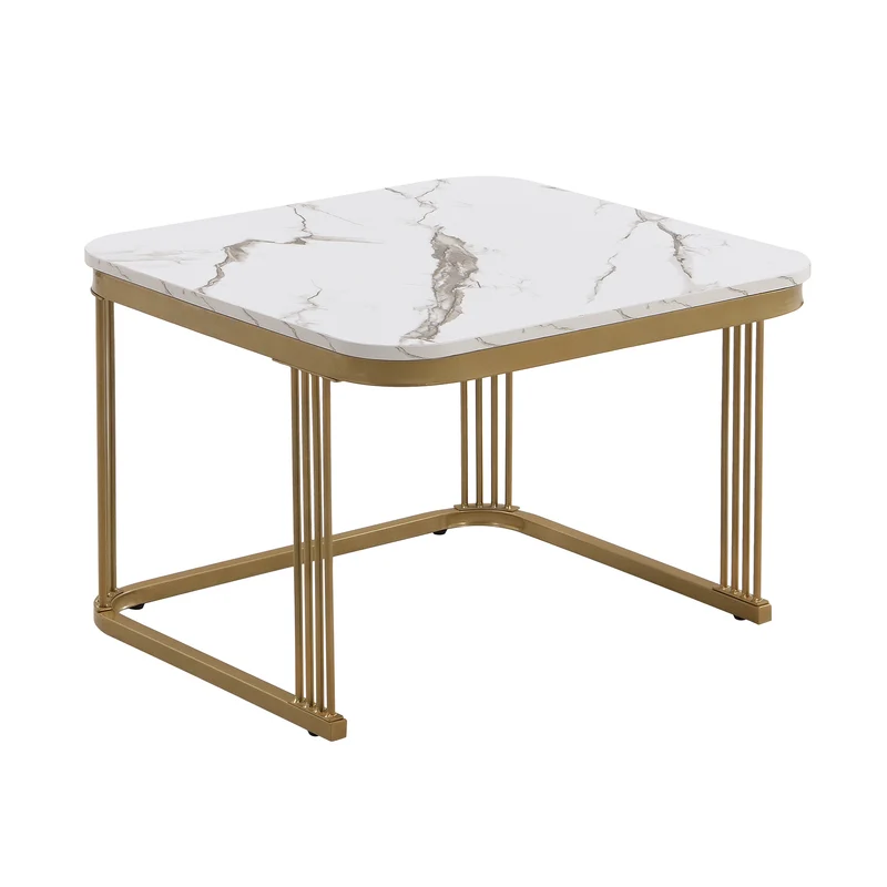 Ensemble de 2 tables basses gigognes carrées effet marbre blanc avec tiroir pieds dorés SHUGOK WHITE