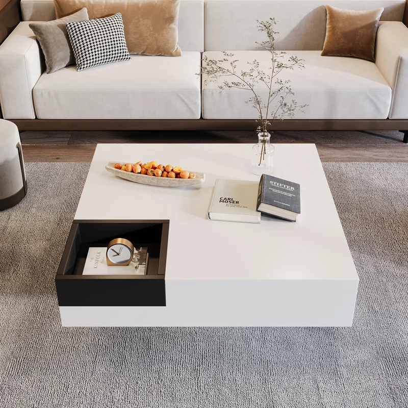 Table basse carrée blanc brillant noir bicolore éclairage LED avec boîte de rangement amovible CROKS WHITE