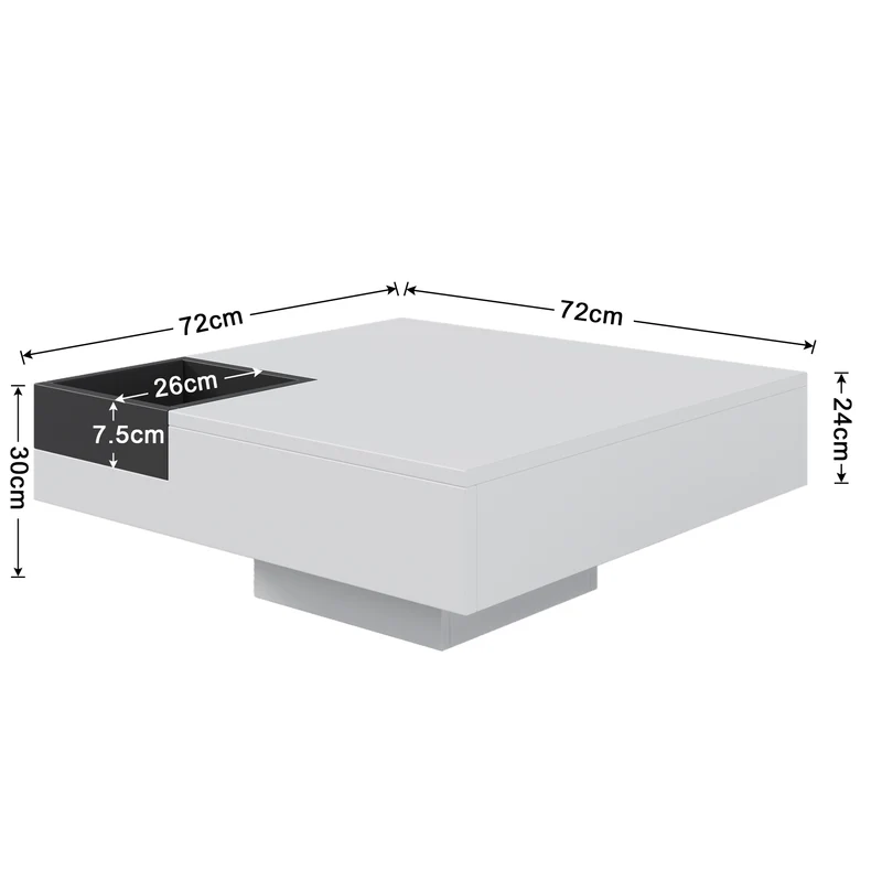 Table basse carrée blanc brillant noir bicolore éclairage LED avec boîte de rangement amovible CROKS WHITE