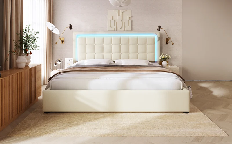 Lit double 140x200cm avec rangement, LED, simili cuir blanc, sommier inclus, design moderne