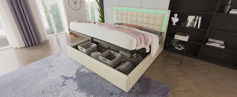 Lit double 140x200cm avec rangement, LED, simili cuir blanc, sommier inclus, design moderne
