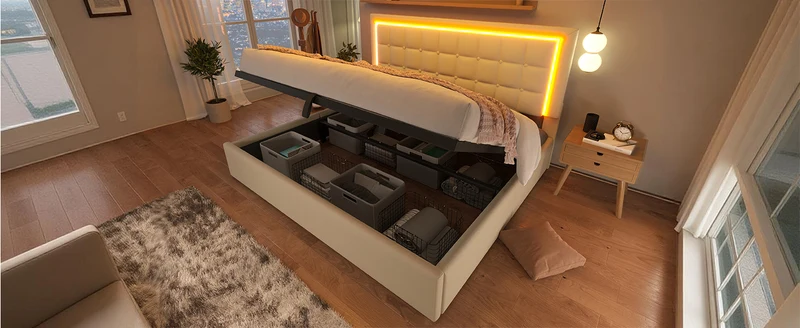 Lit double 140x200cm avec rangement, LED, simili cuir blanc, sommier inclus, design moderne