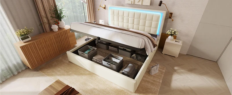 Lit double 140x200cm avec rangement, LED, simili cuir blanc, sommier inclus, design moderne