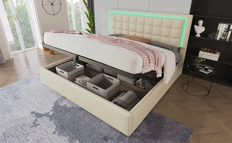 Lit double 140x200cm avec rangement, LED, simili cuir blanc, sommier inclus, design moderne