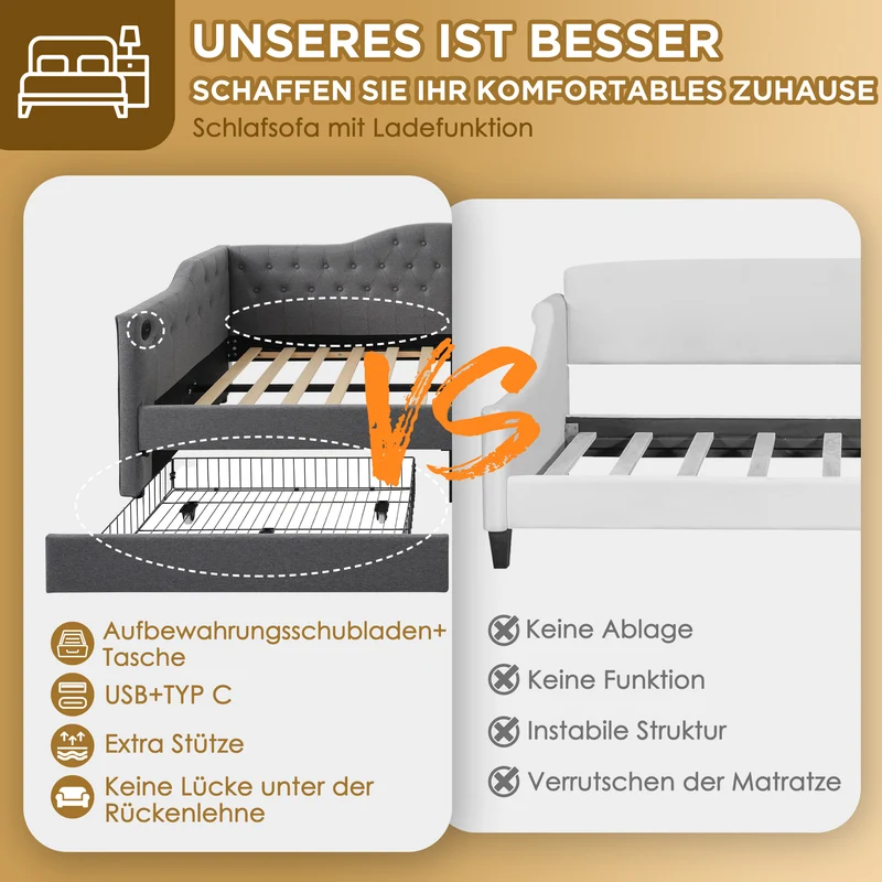 Lit banquette 90x200cm gris lin avec rangement, ports USB Type C, style moderne