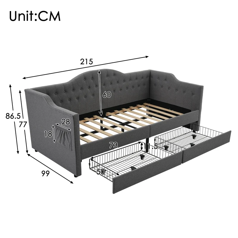 Lit banquette 90x200cm gris lin avec rangement, ports USB Type C, style moderne