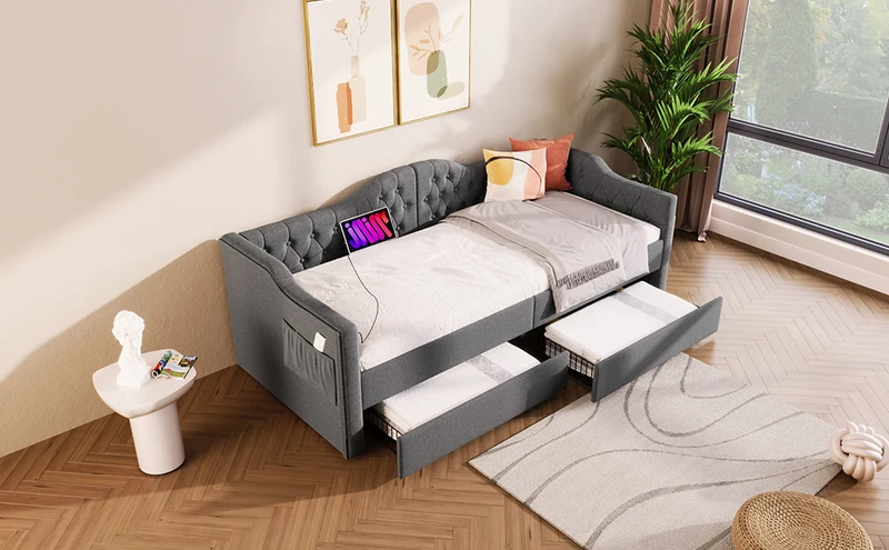 Lit banquette 90x200cm gris lin avec rangement, ports USB Type C, style moderne