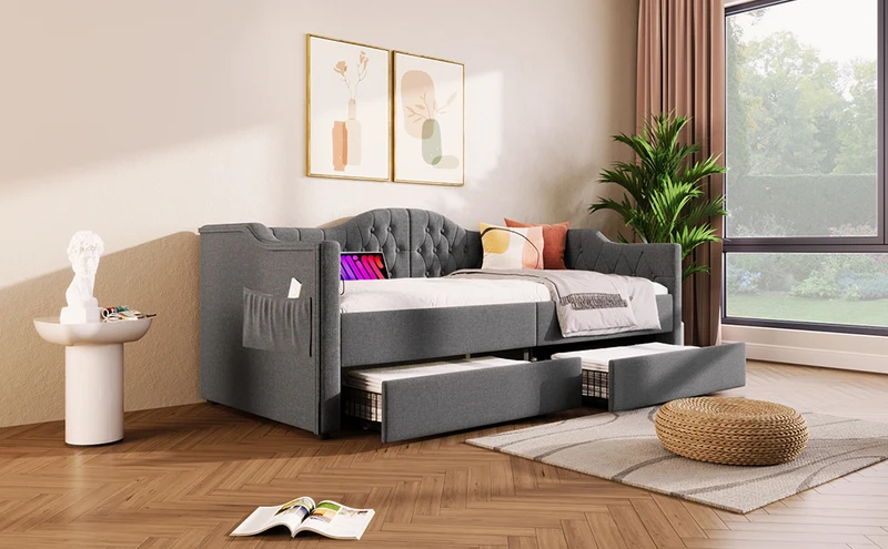 Lit banquette 90x200cm gris lin avec rangement, ports USB Type C, style moderne