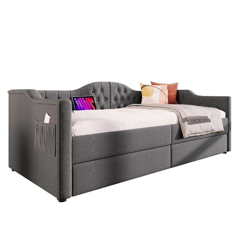 Lit banquette 90x200cm gris lin avec rangement, ports USB Type C, style moderne